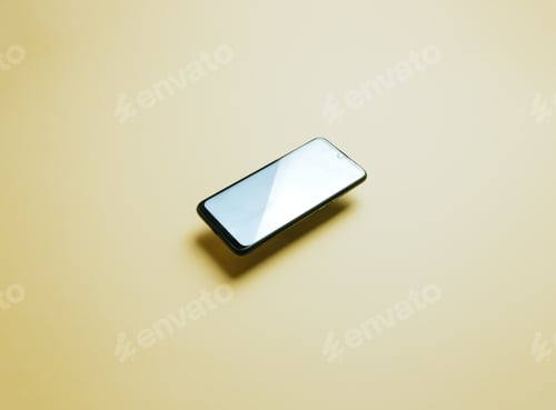 Preview: Top view of mobile phone floating blank scree template on yellow background with copy space