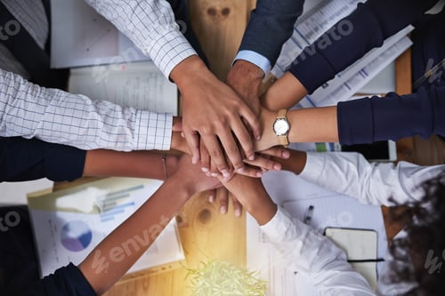 Preview: High angle shot of a group of businesspeople putting their hands in a pile in the office