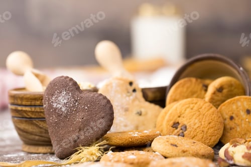 Preview: Various freshly baked sweet buns, top view