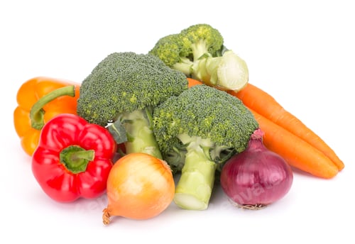 Preview: Fresh vegetables: brocolli, bell peppers, carrot, onion isolated on white background