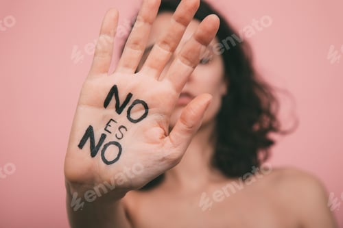 Preview: Woman's hand with vindictive painted letters. No means no concept.