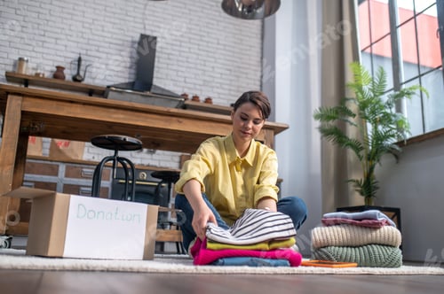 Preview: Concentrated tranquil woman packing items of clothing