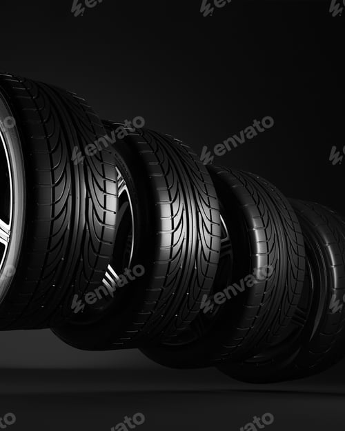 Preview: 3d illustration. Four car wheels on black background. Poster or cover design.