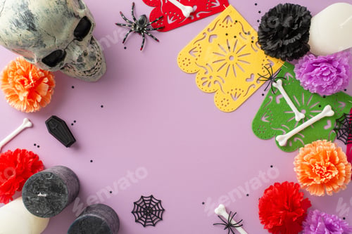 Preview: Commemorate Mexican traditions with top-view photo of carnival items. Flowers, confetti, garlands