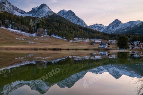 Preview: Evening view over lake Tarasp near in Switzerland