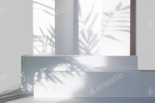 Preview: White empty stands on light background with palm shadows overlay. Abstract podium, product display.