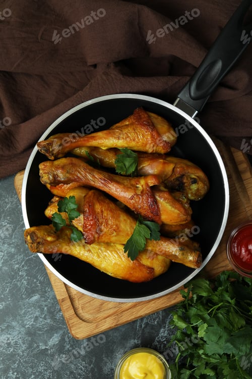 Preview: Concept of delicious eating with pan of roast chicken drumsticks on black smokey table