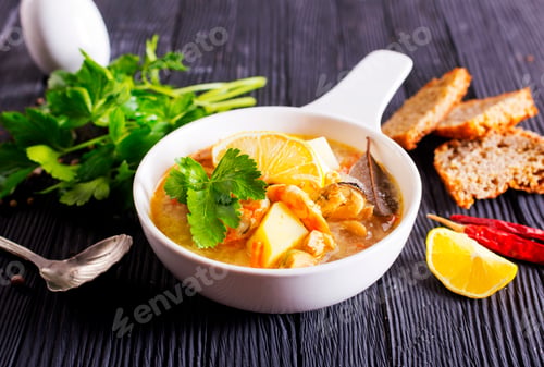 Preview: A popular dish of Asian cuisine - soup with shrimps Traditional spicy soup close-up