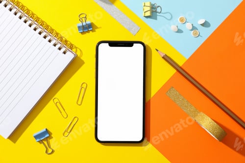 Preview: Phone with empty screen on color decorated background, top view
