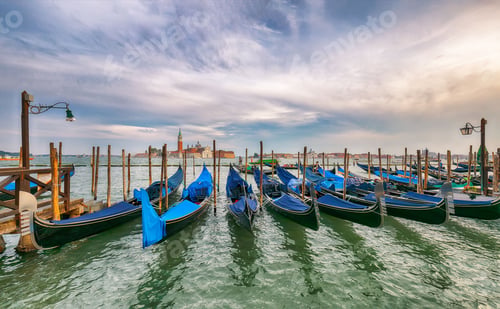 Preview: Church of San Giorgio Maggiore on background and gondolas beside the Riva degli Schiavoni in Venice