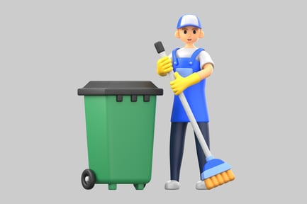 Preview: Cartoon cleaner with broom and bin