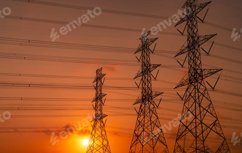 Preview: High voltage electric pylon and electrical wire with sunset sky. Electricity poles. Power and energy