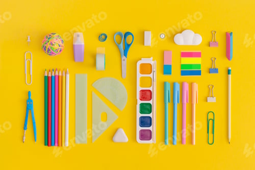 Preview: School stationery on a yellow background. Top view with copy space. Back to school concept