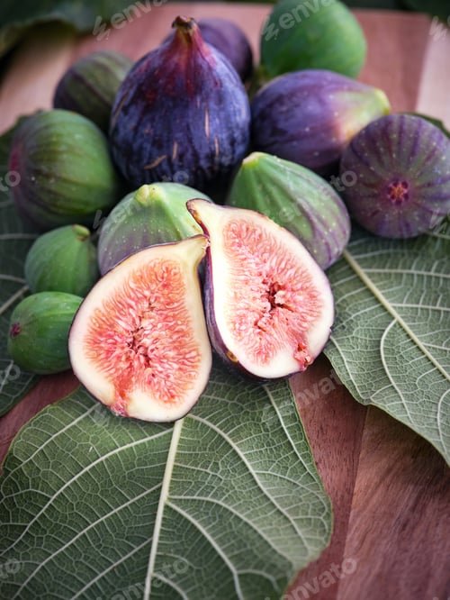Preview: Whole and halved figs on wooden surface
