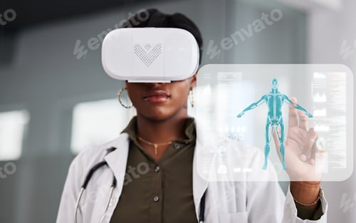 Preview: Doctor, woman and virtual reality glasses for hologram, human anatomy and click for analysis in cli