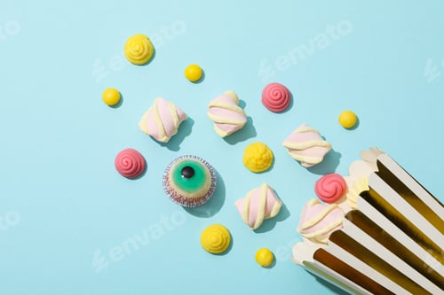 Preview: Jelly candies and marshmallows in popcorn bag on blue background, top view