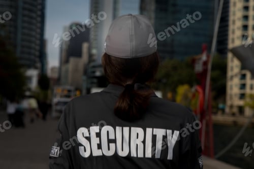 Preview: Back view of a female security guard in uniform patrolling a residential area