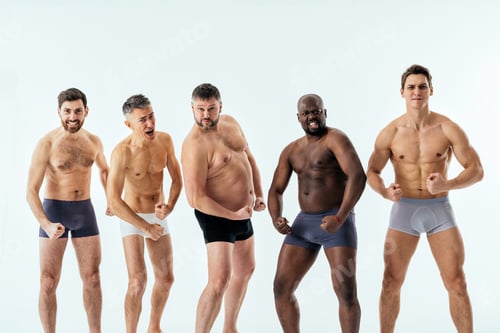 Preview: Group of multiethnic men posing for a male edition body positive beauty set