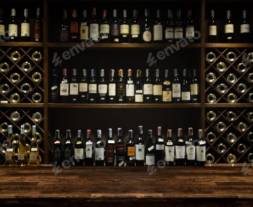 Preview: Empty wooden Bar counter with defocused background and wine bottles of restaurant, bar or cafeteria.