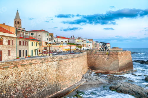 Preview: Gorgeous evening cityscape of historical part of Alghero town.
