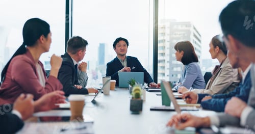 Preview: Employees, man manager and office meeting for finance, communication and teamwork in Japan. Busines