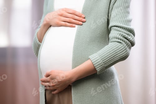 Preview: cropped shot of pregnant woman holding stomach indoors