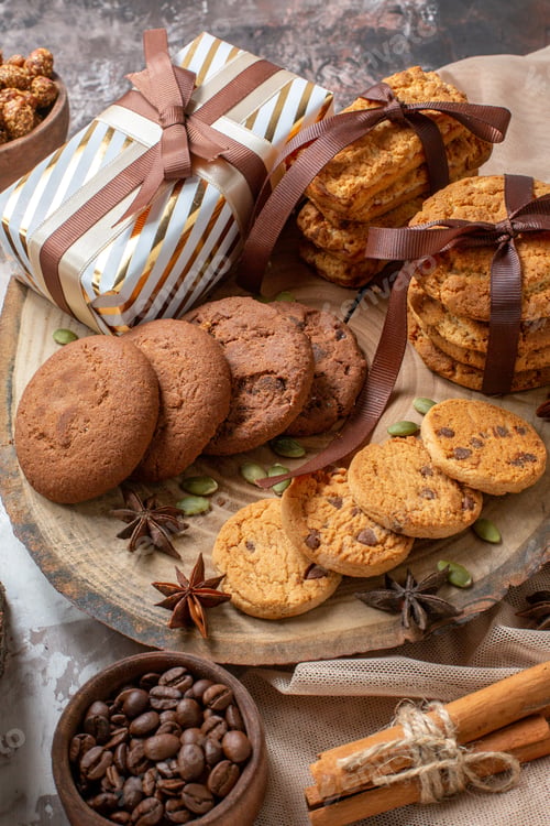 Preview: front view sweet biscuits with nuts and presents on light background color sugar tea cake sweet pie