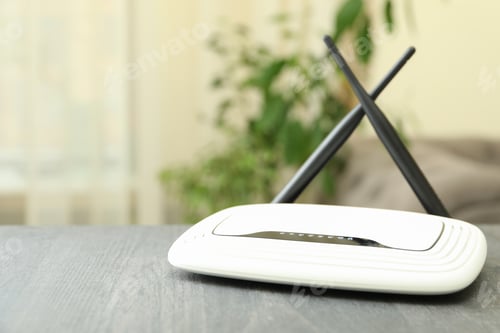 Preview: Wi-Fi router with external antennas on wooden table