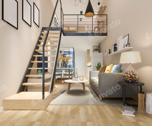 Aperçu: 3d rendering white wood living room near bedroom upstair