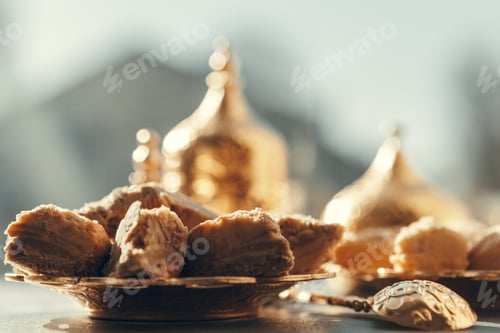 Preview: Turkish sweets with coffee on a wooden table
