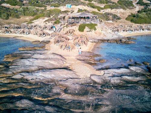 Preview: Beautiful Beach And Rocky Coastline Top Aerial View Drone Shot, Sithonia, Greece