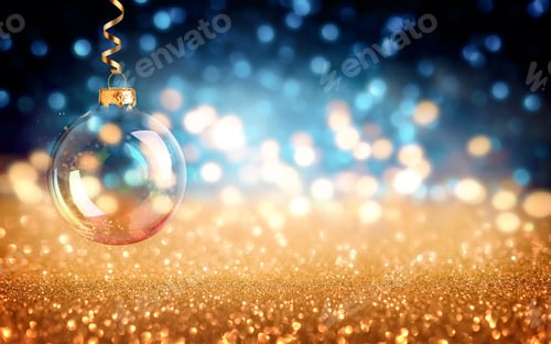 Visualização: Decoração festiva de vidro em fundo brilhante de Natal com bokeh azul, glitter