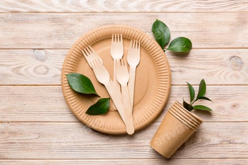 Preview: set of empty reusable disposable eco-friendly plates, cups, utensils