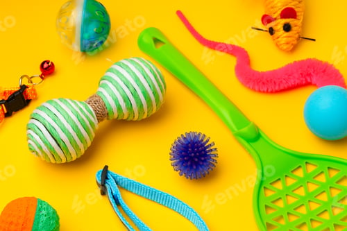 Preview: Pet toys on yellow background studio shot