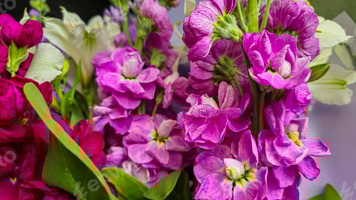 Preview: Bouquet of delicate lilac pink and red matthiola flowers on a light background.
