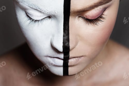 Preview: Young Girl With Closed Eyes and Creative Bodyart on Half of Face, Isolated on Grey