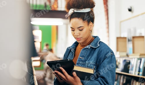 Preview: Tablet, studying and books with woman in library for knowledge, education and college thesis. Acade