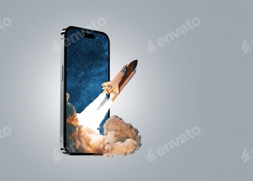Preview: Space rocket takes off from mobile device with smoke, creative idea. Application