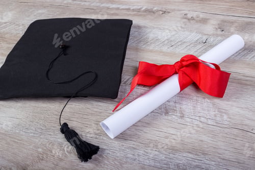 Preview: graduation cap, hat with degree paper on wood table graduation concept