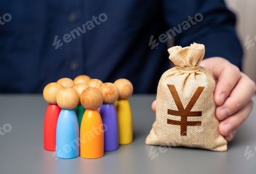 Preview: A businessman holds a japanese yen money bag near a group of people figurines. Social support.