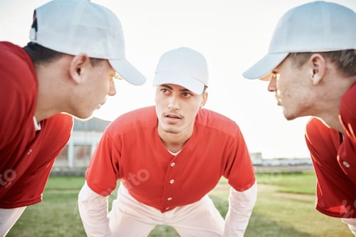 Preview: Teamwork, baseball or sports men planning with motivation, hope or faith in training workout match