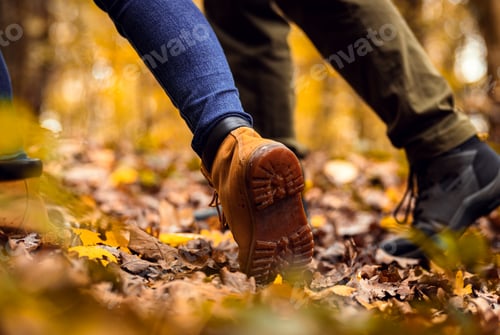 Preview: Close up of two hikers feet walking in forest.