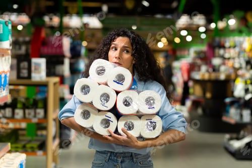 Preview: Frightened woman shopper in supermarket buys toilet paper, Latin American woman in crisis and lack