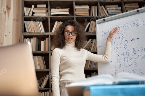 Preview: Female hispanic teacher explaining math giving remote online math class.