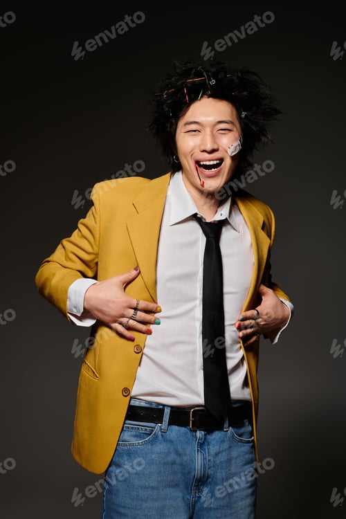 Preview: Spring fashion showcase featuring an Asian man in a stylish outfit in a studio setting