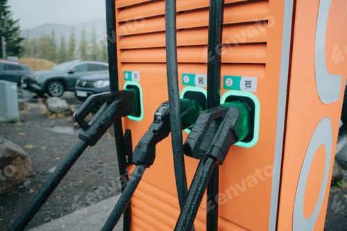 Preview: Electric charging station outdoors Iceland for electric cars. Close up image with copy space. Sustai