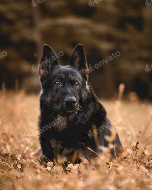 Preview: Black german shepherd sitting in a field on a blurry background