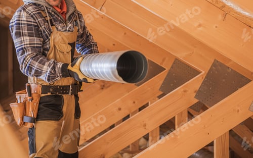 Preview: HVAC Worker with Piece of Air Duct Pipeline in His Hands