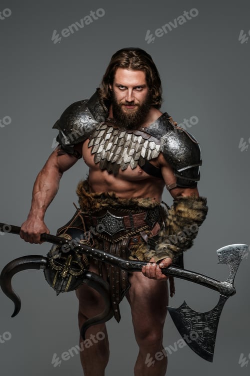 Preview: Bearded viking with long hair holding a large two-handed axe