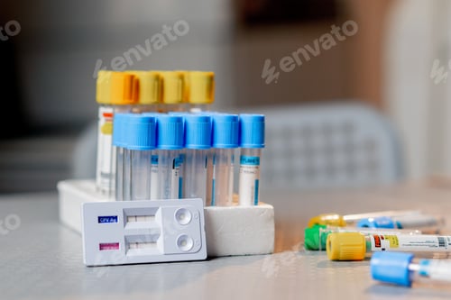 Preview: close-up in a veterinary clinic there are test tubes of different colors with tests on the table